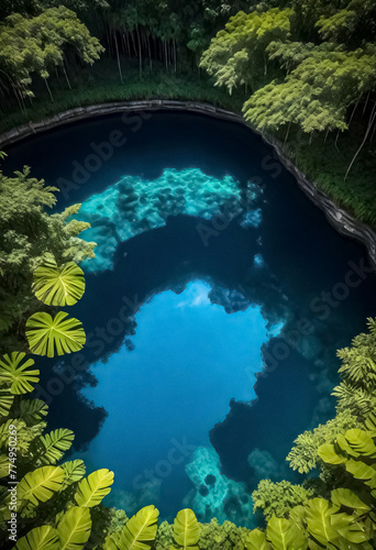 a blue hole in the middle of a forest photo