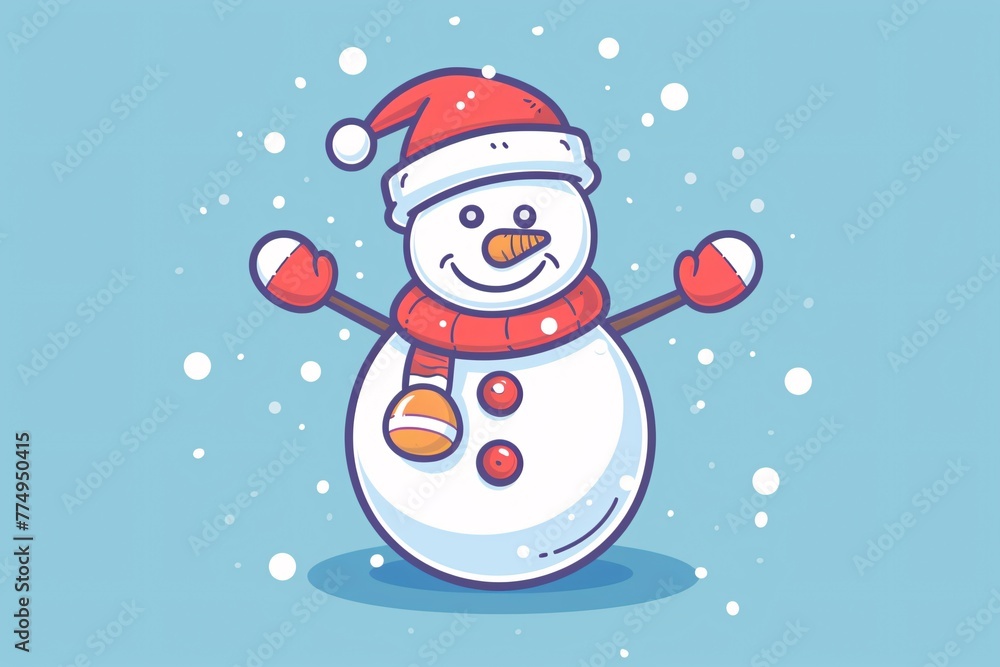 a cartoon snowman with red hat and scarf