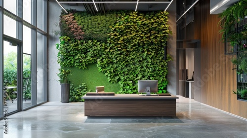 Modern eco-friendly office space with green living wall, minimalist desk setup, and spacious design. Sustainable architecture and biophilic design in workplace.