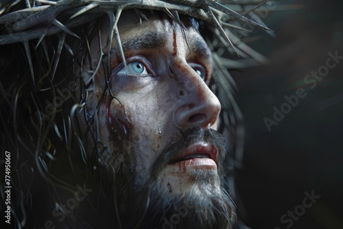 Photorealistic close-up portrait of Jesus Christ with crown of thorns, serene expression, digital painting