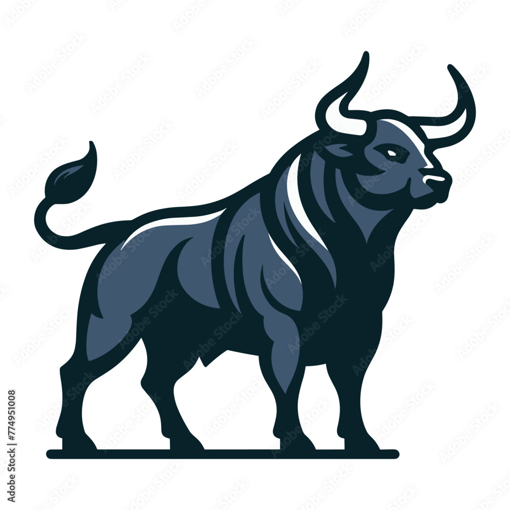 Strong bull full body vector mascot illustration, angry horned bull concept, farm animal or butcher shop graphic template, design isolated on white background Strong bull full body vector mascot illustration, angry horned bull concept, farm animal or butcher shop graphic template, design isolated on white background