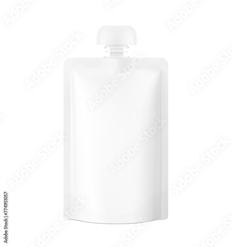 Spout pouch packaging bag mockup. Vector illustration isolated on white background. Front view. Can be use for template your design, presentation, promo, ad. EPS10.