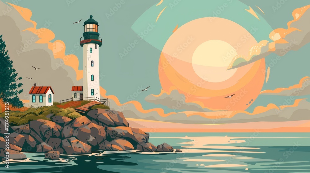 A minimalist lighthouse stands on a tranquil shore, a beacon of guidance with a lone bird soaring above calm waters and gentle hills.