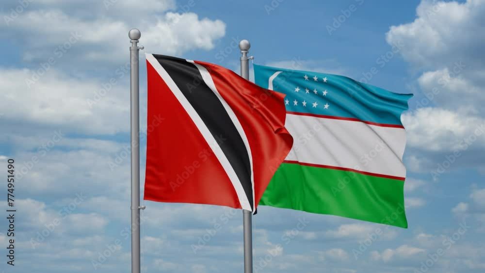 Republic of Uzbekistan and Trinidad and Tobago two flags waving together, looped video, two country cooperation concept Republic of Uzbekistan and Trinidad and Tobago two flags waving together, looped video, two country cooperation concept