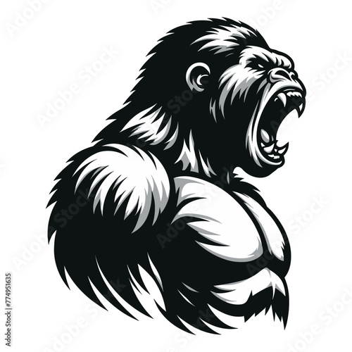 Wild angry gorilla head face vector illustration, primate animal zoology element illustration, roaring strong big ape logo mascot, design template isolated on white background