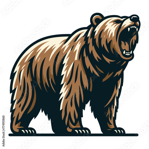 Roaring grizzly bear full body design illustration, animal predator zoology element illustration, wild beast brown bear, vector template isolated on white background