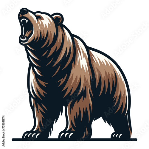 Roaring grizzly bear full body design illustration, animal predator zoology element illustration, wild beast brown bear, vector template isolated on white background