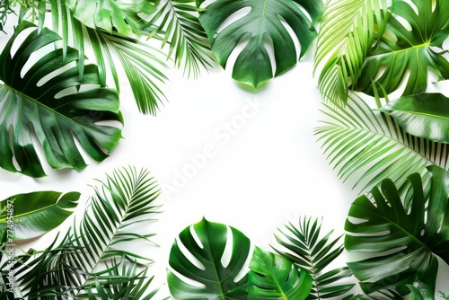 Tropical frame with exotic jungle plants  palm leaves  and monstera on white background - Floral border