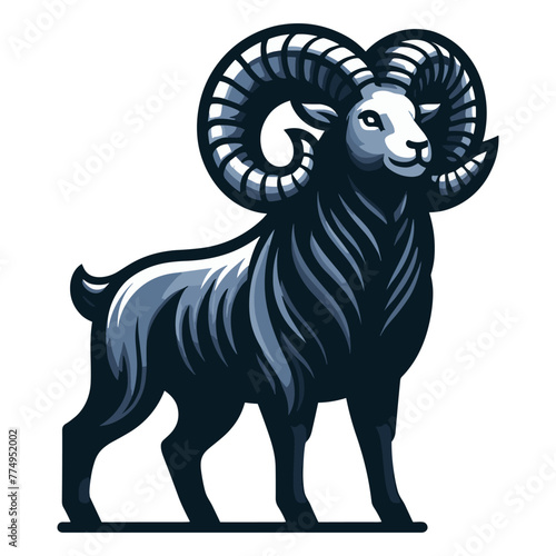 Bighorn horned ram sheep full body design illustration, animal livestock, farm pet, agriculture concept, butchery meat shop element, vector isolated on white background photo