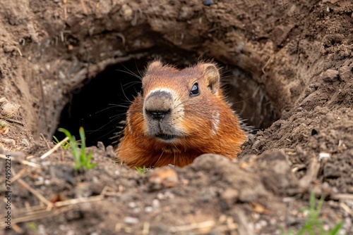 a brown animal looking out of a hole in the ground © White