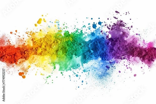 Vibrant paint splatters and powder explosions, colorful rainbow mix isolated on white, abstract illustration