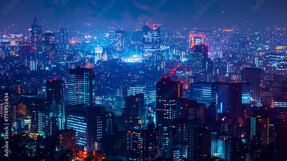 Vibrant night view of a modern city skyline, illuminated by the glow of technological advancement