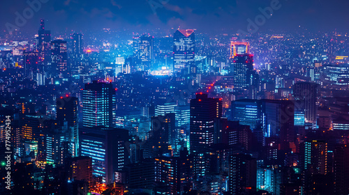 Vibrant night view of a modern city skyline  illuminated by the glow of technological advancement