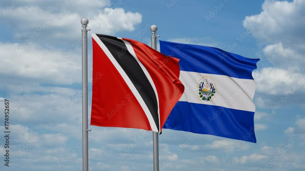 Republic of El Salvador and Trinidad and Tobago two flags waving together, looped video, two country cooperation concept Republic of El Salvador and Trinidad and Tobago two flags waving together, looped video, two country cooperation concept