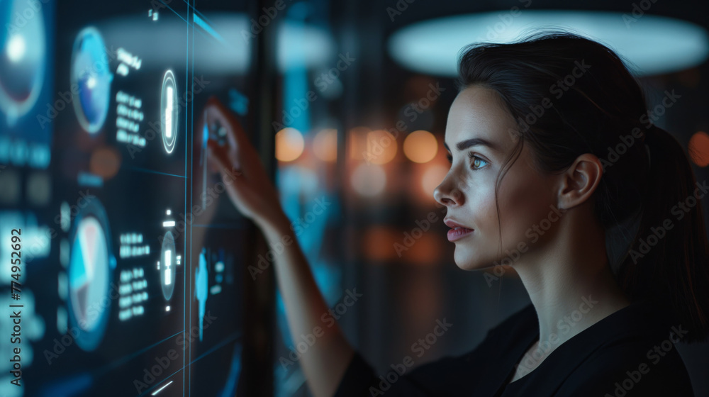 Future of tech: woman interfacing with digital data Future of tech: woman interfacing with digital data