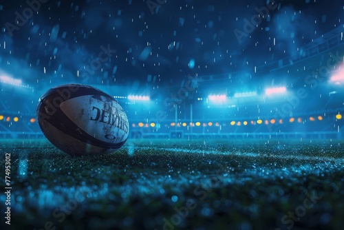 Nighttime rugby stadium with illuminated field, rugby ball, and blurred spectators - Sports concept illustration