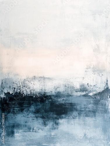 Painting depicting a white and blue landscape with clouds