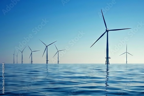 Offshore wind farm with turbines in the ocean, environmental concept photo