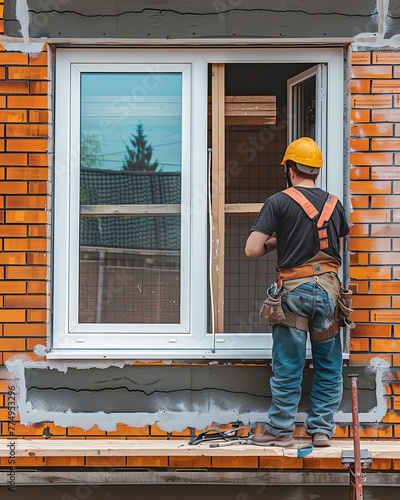 Wallpaper Mural A builder installs a window in a house. Photo. back view. bright colors. generative ai Torontodigital.ca