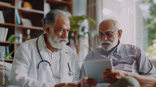 Happy geriatric young doctor and senior Indian patient man discussing modern technology, healthcare, using digital tablet together, looking at display  photo