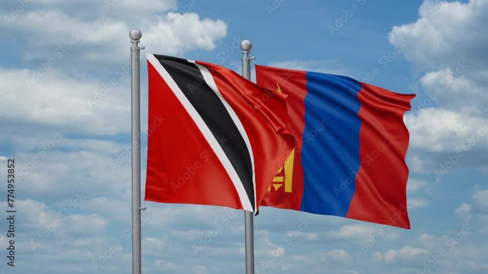 Mongolia and Trinidad and Tobago two flags waving together, looped video, two country cooperation concept Mongolia and Trinidad and Tobago two flags waving together, looped video, two country cooperation concept