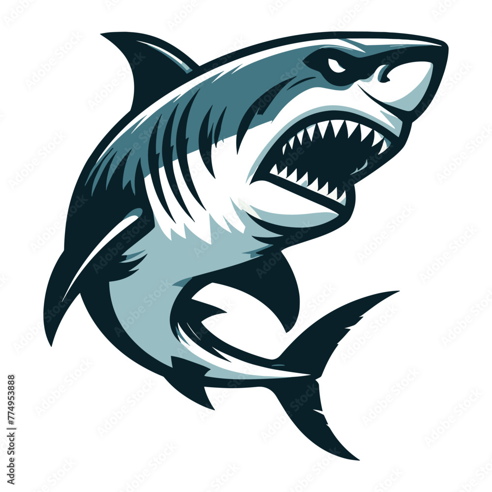 Naklejka premium Angry wild great white shark vector illustration, marine predator animal element illustration, swimming toothy shark design template isolated on white background