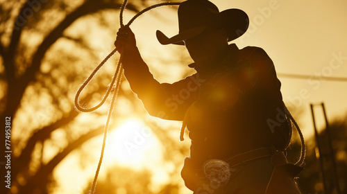 A cowboy swings a lasso in a captivating silhouette against a vibrant sunset, showcasing a timeless rodeo skill
