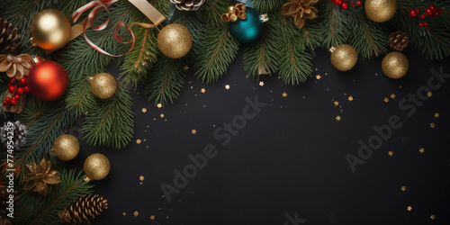 Christmas Tree background. Happy new year backdrop. Celebrating winter holidays card template. Frame of Christmas tree branches and toys.
