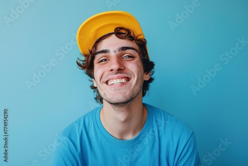 a man wearing a yellow hat photo