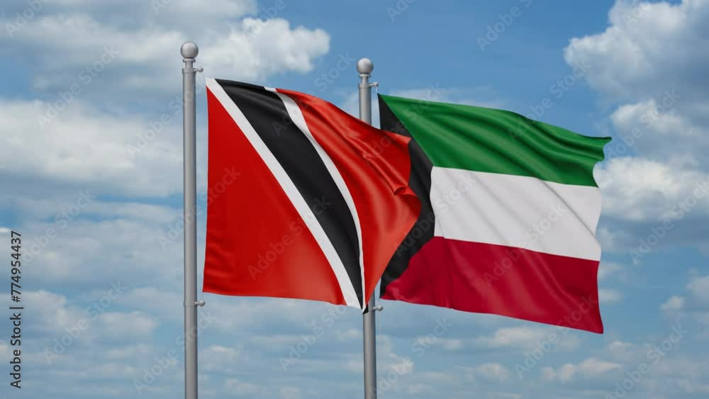 Kuwait and Trinidad and Tobago two flags waving together, looped video, two country cooperation concept Kuwait and Trinidad and Tobago two flags waving together, looped video, two country cooperation concept