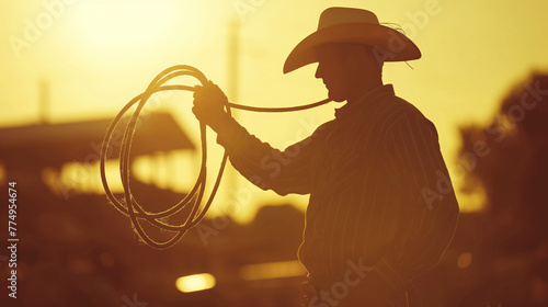 Amidst an urban sunrise, a lone cowboy practices his lasso skills, blending rustic with the modern environment