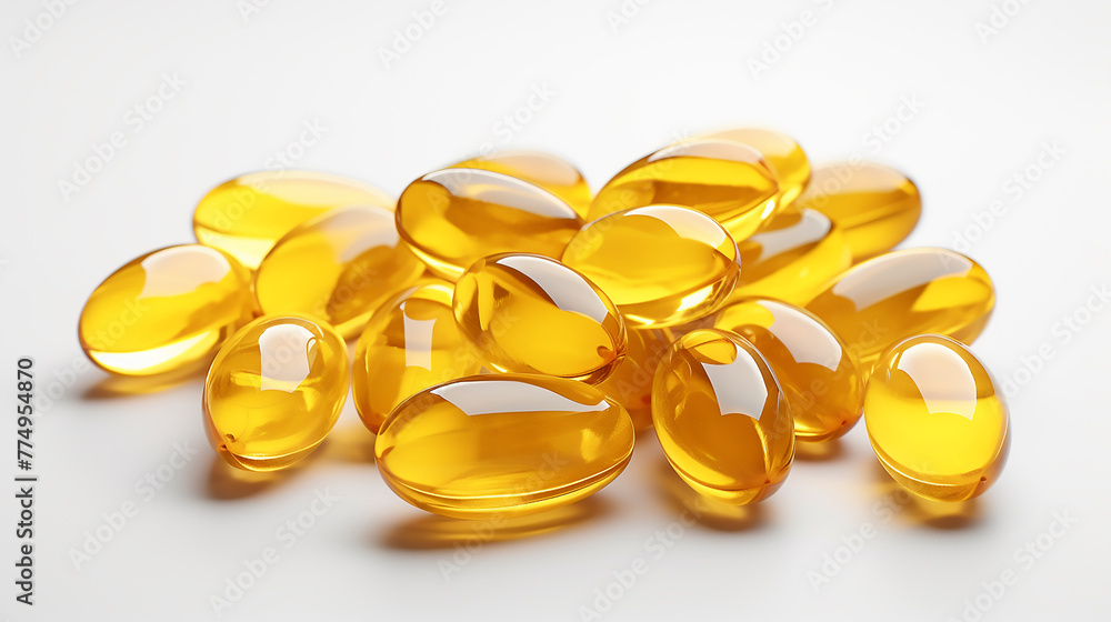 Close up of dozens of yellow fish oil pills in the style of white background. Healthcare and medicine concept. Close up of dozens of yellow fish oil pills in the style of white background. Healthcare and medicine concept.