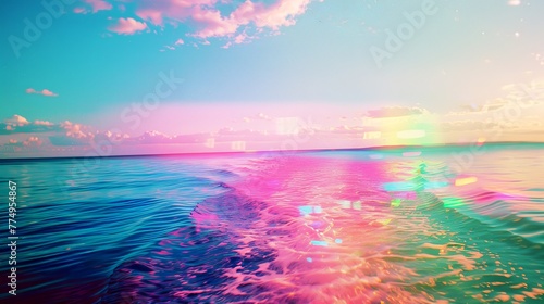 minimalistic still life lomography of the surface of psychedelic saturn, ocean horizon shows chromatic aberration and psychedelic color shifts photo