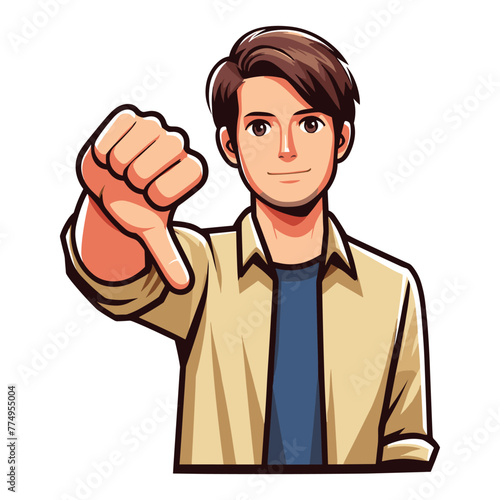 Man showing thumbs down design illustration, unhappy male gesturing dislike, disapproval sign, negative expression, disagreement. vector template isolated on white background