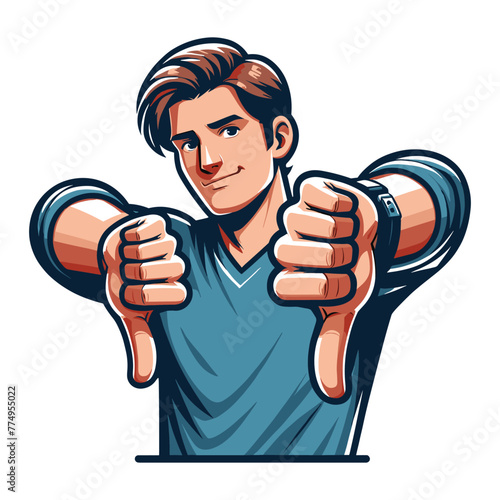 Man showing thumbs down vector illustration, unhappy male gesturing disapproval sign, dislike, disagreement, negative expression. design template isolated on white background