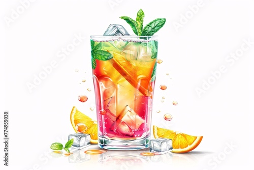 a colorful drink with ice and mint leaves