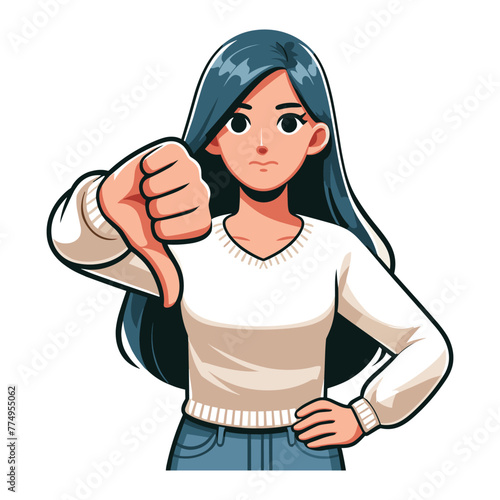 Woman showing thumbs down vector illustration, unhappy girl gesturing disapproval sign, dislike, disagreement, negative expression. design template isolated on white background