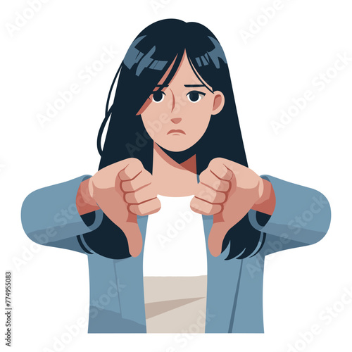 Woman showing thumbs down vector illustration, unhappy girl gesturing disapproval sign, dislike, disagreement, negative expression. design template isolated on white background