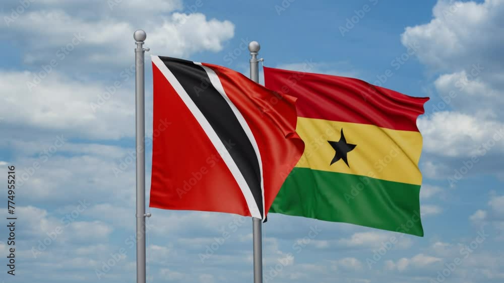 Ghana and Trinidad and Tobago two flags waving together, looped video, two country relations concept Ghana and Trinidad and Tobago two flags waving together, looped video, two country relations concept