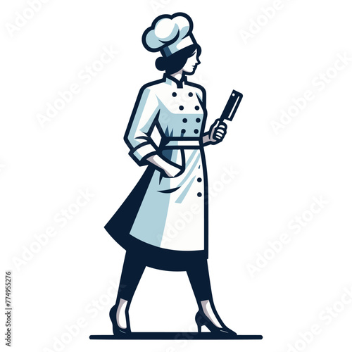 Beautiful woman chef full body mascot logo vector illustration, female character with hat and chef uniform, restaurant business concept, design template isolated on white background