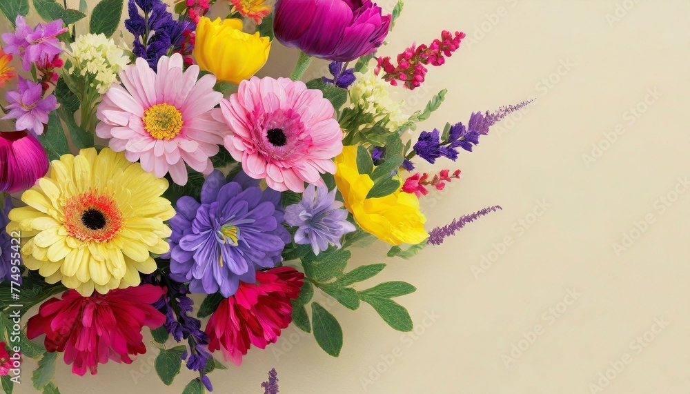  vibrant spring floral composition on a light pastel background, featuring fresh and colorful flowers arranged in a festive display, with ample copy space for personalized messages or festive 
