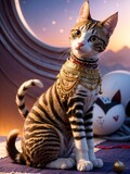 Egypt cat,interesting pose,cute cat face,jeweled garment, low focus, low angle, photo, dow al set, fluffy tail, mystical fluffy cube in the sky background