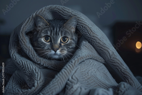 A horrified cat wrapped itself in a blanket photo