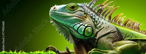 Beautiful iguana on green background  wide horizontal panoramic banner with copy space  or web site header with empty area for text.