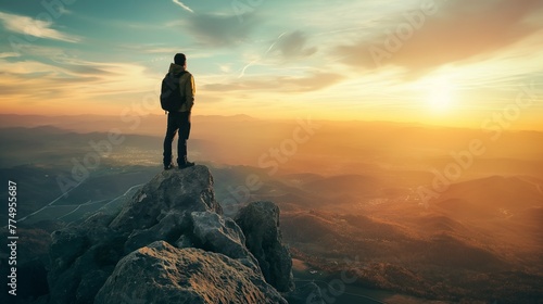 A man standing on top of a mountain at sunrise, admiring the endless scenery