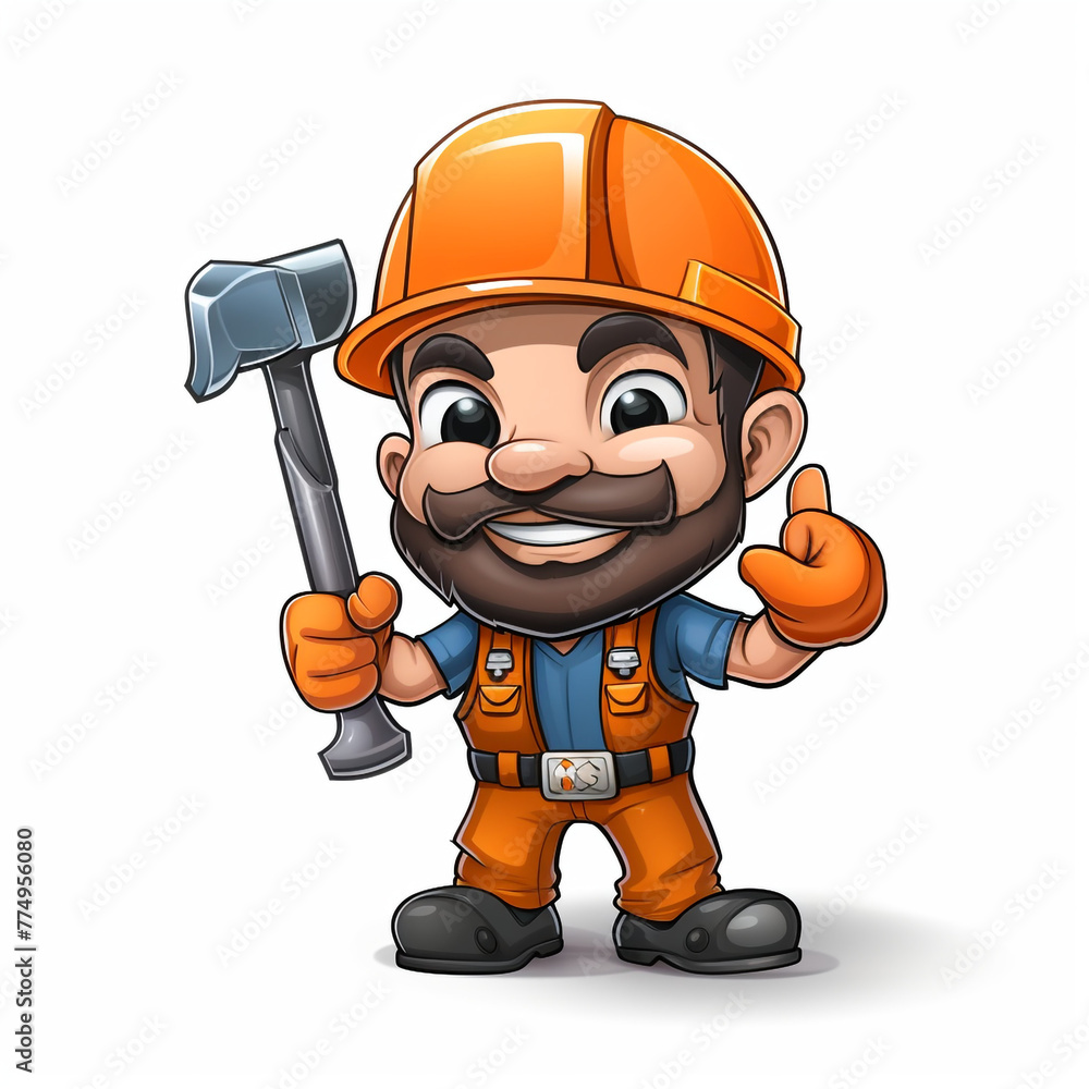 Fototapeta premium MASCOT construction foreman worker holding hammer on isolated background сreated with Generative Ai