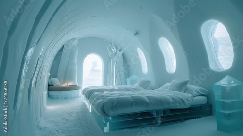 A luxury suite within an ice hotel, featuring carved ice furniture, thermal bedding, and an adjacent warm 