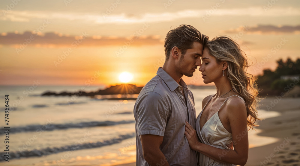 Man and woman in love on sunset background Man and woman in love on sunset background