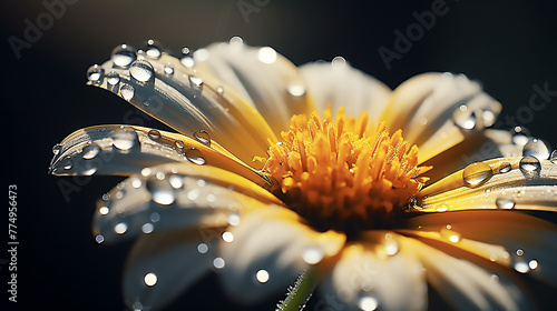 Macro shot of freshly rained-upon a fully bloomed of white daisy and yellow pollen, spotlighting its extraordinary textures and vivid hues photo