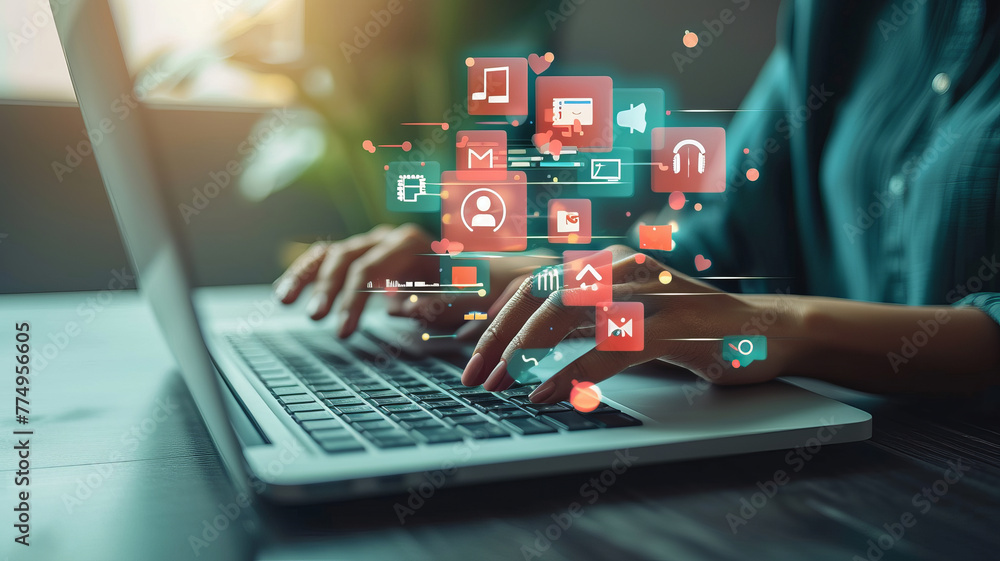 Hands interact with a vibrant array of virtual social media icons AI Generative. Hands interact with a vibrant array of virtual social media icons AI Generative.
